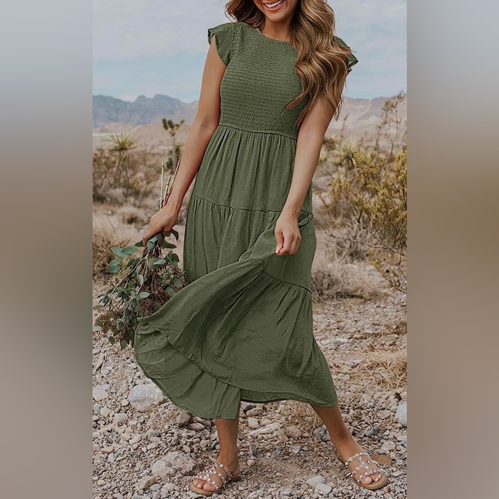 MEROKEETY Women's Flutter Sleeve Smocked Dress, Olive Army Green, Size Large
